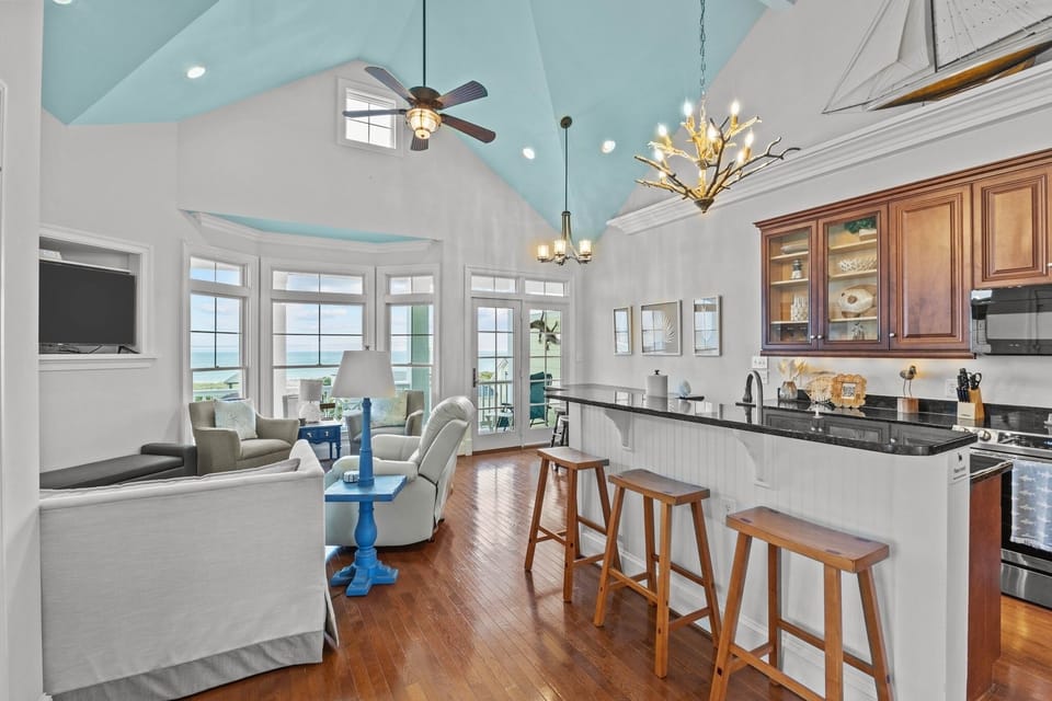 Spacious kitchen, dining, and living area