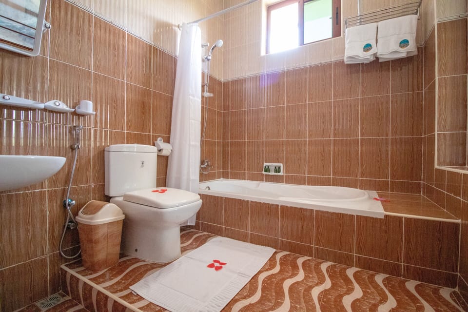 Separate tub and shower, rainfall showerhead, hair dryer, bidet