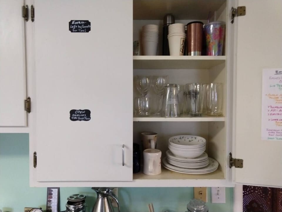 Cabinets are labeled for your convenience, and contain all the basics you need.