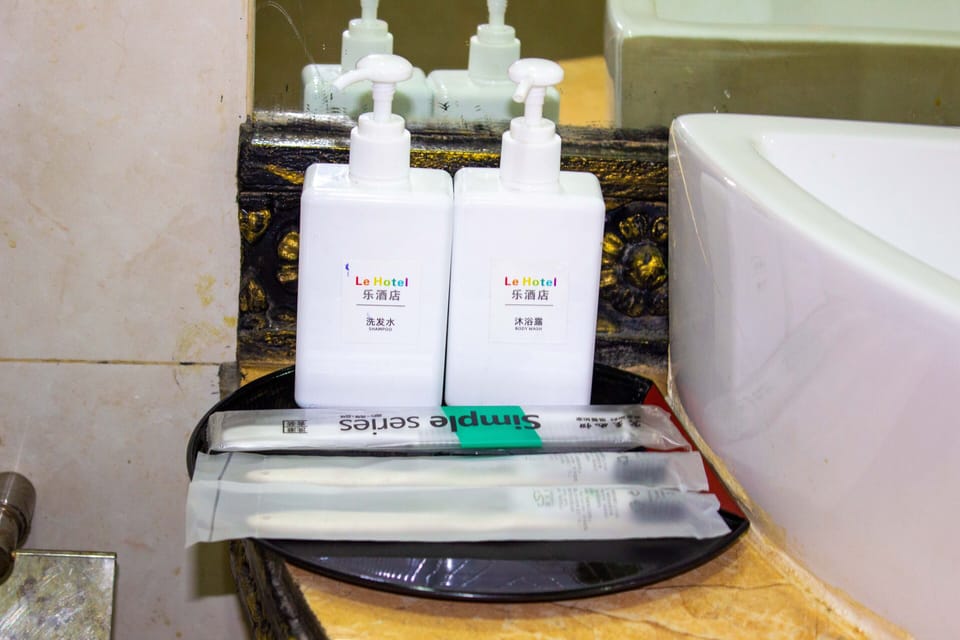 Slippers, towels, soap, shampoo