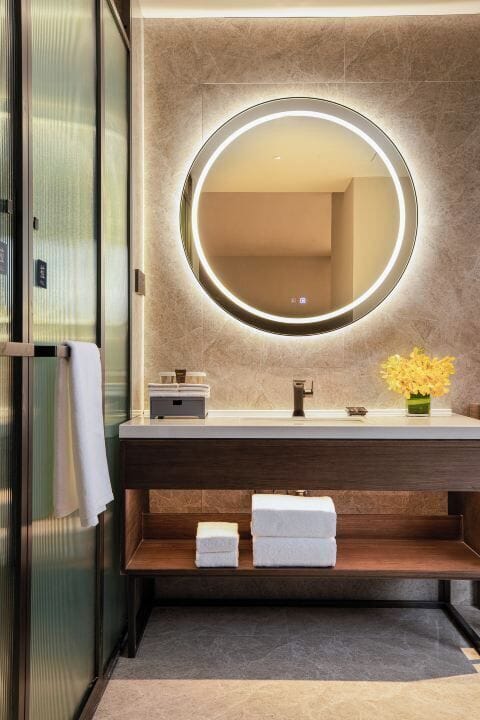 Shower, rainfall showerhead, hair dryer, bathrobes