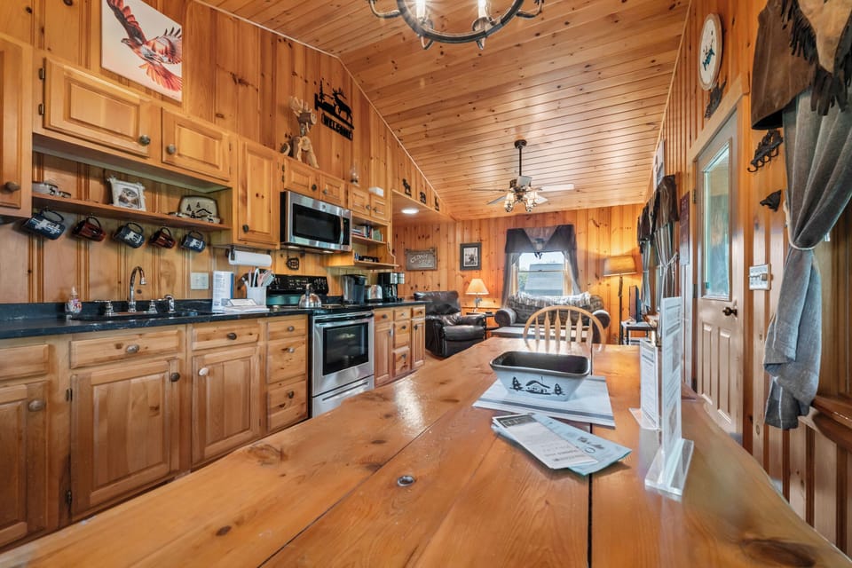 Kitchen, dining, and living area