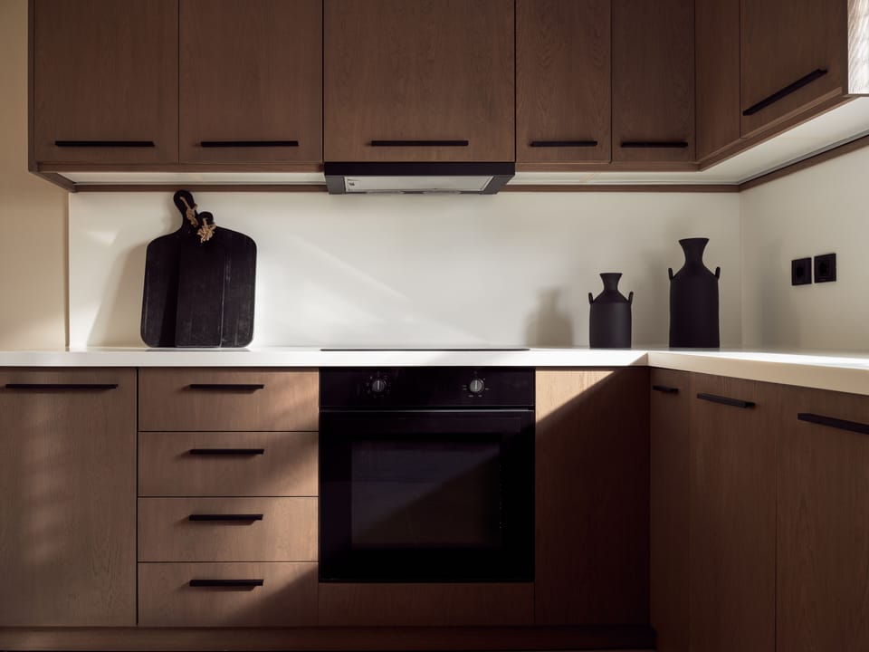 The rough-luxe kitchen is well-equipped for a self-catering stay.