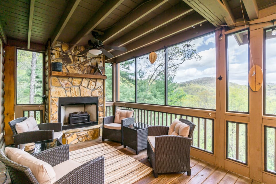 Screened in porch with electric fireplace