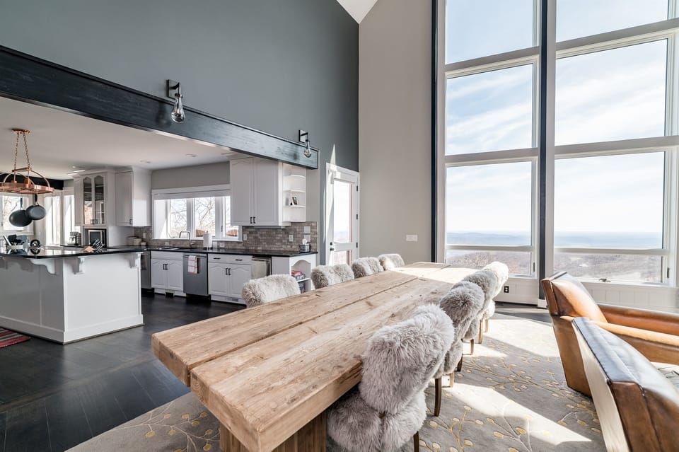 The kitchen and the dining room flow seamlessly into one another.  