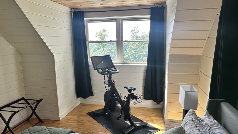 Don’t skip that workout! We have a Peloton ready for your workout including shoe clips and fan!