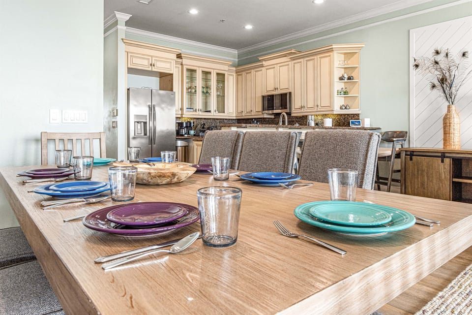 Dining area and fully stocked kitchen.