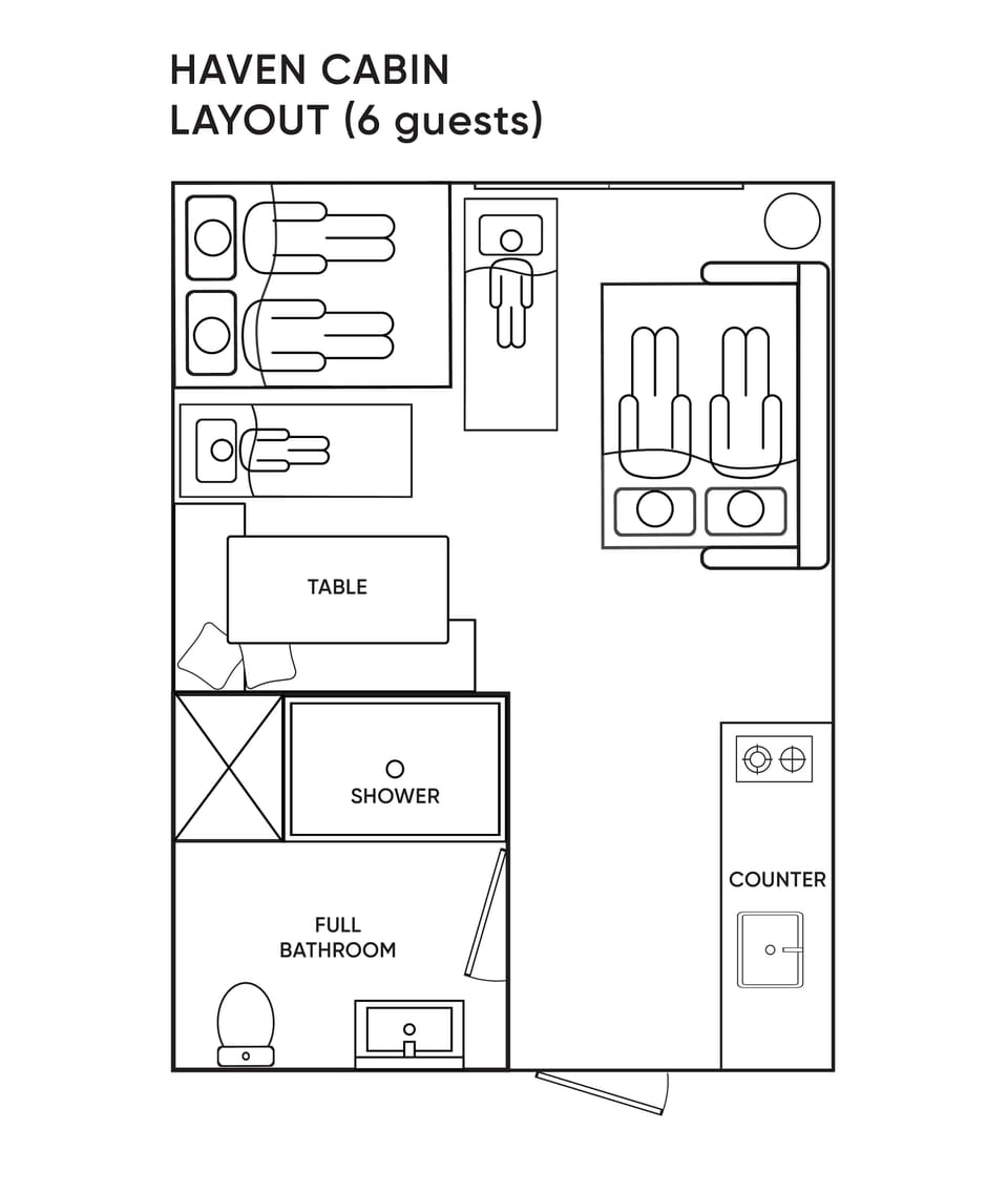 The Haven cabin layout for 6 guests (floor mats are best for kids)