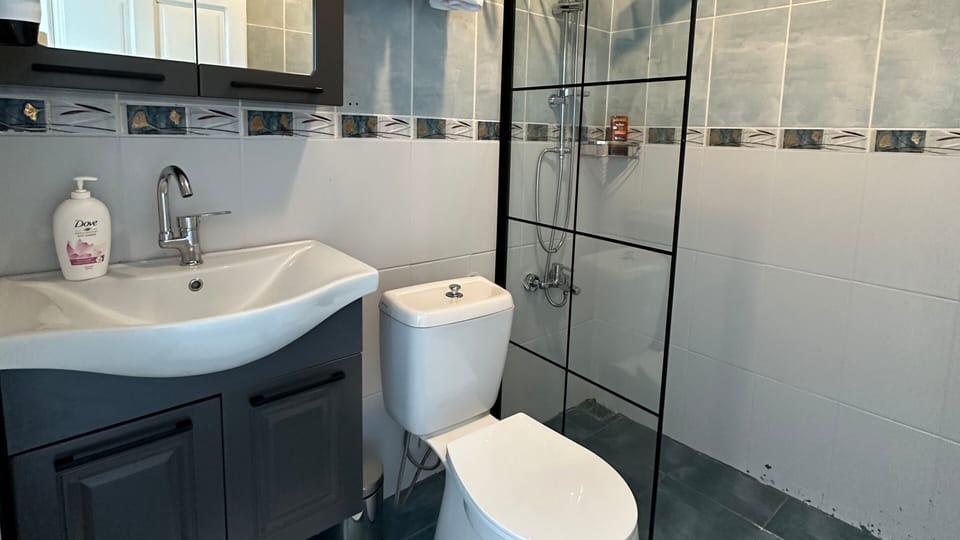 Family Room | Bathroom | Shower, rainfall showerhead, hair dryer, slippers