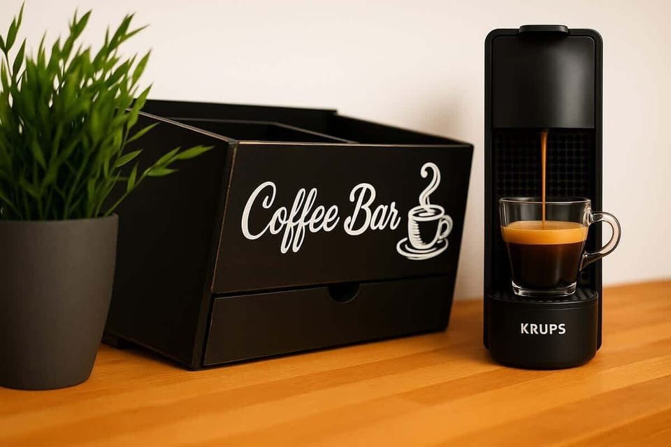 Die Kaffeebar ist mit einer Nespresso Kaffeemaschine, Nespresso Kapseln, verschiedene Teesorten und Zucker ausgestattet.