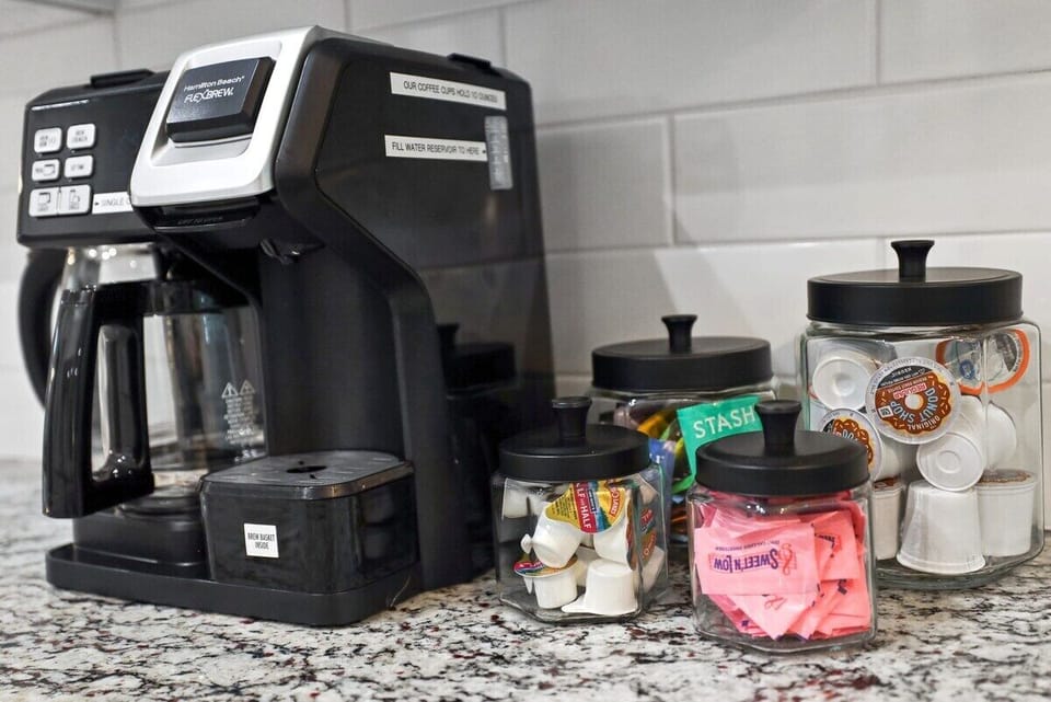 Our coffee station is prepped and ready for you to brew the perfect cup.