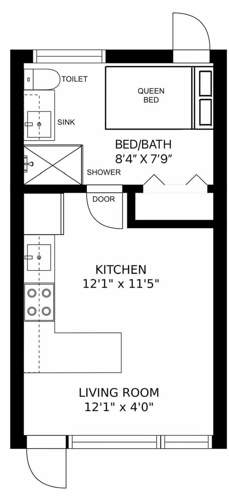 bedroom and bathroom share same space