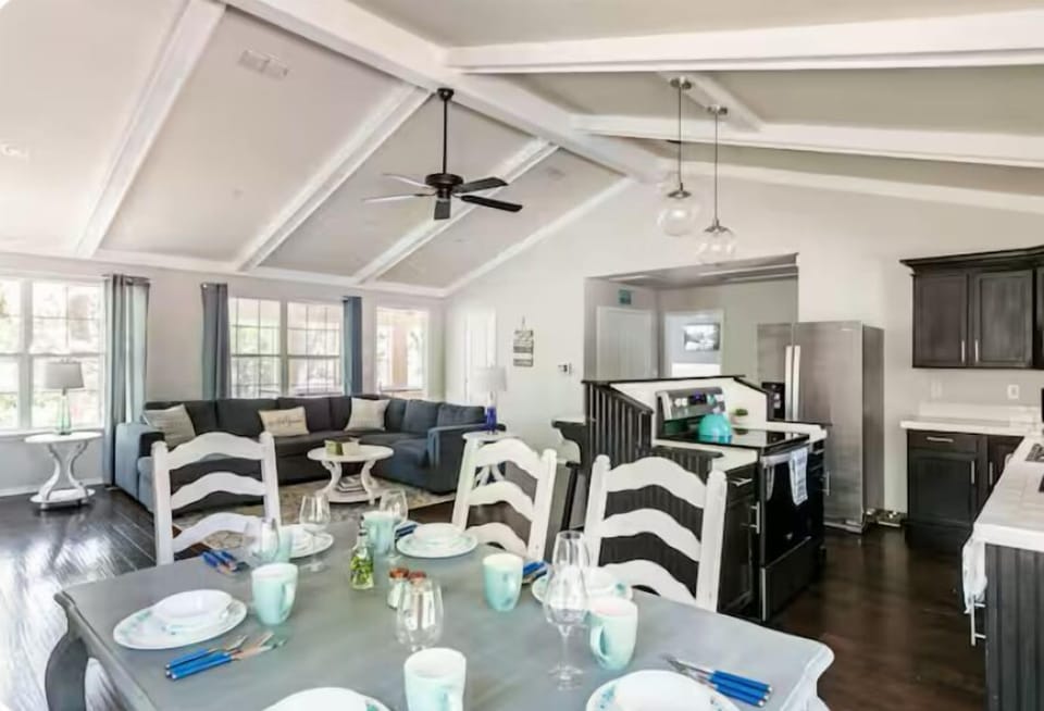 The great room from the dining room table showing how spacious the room is.