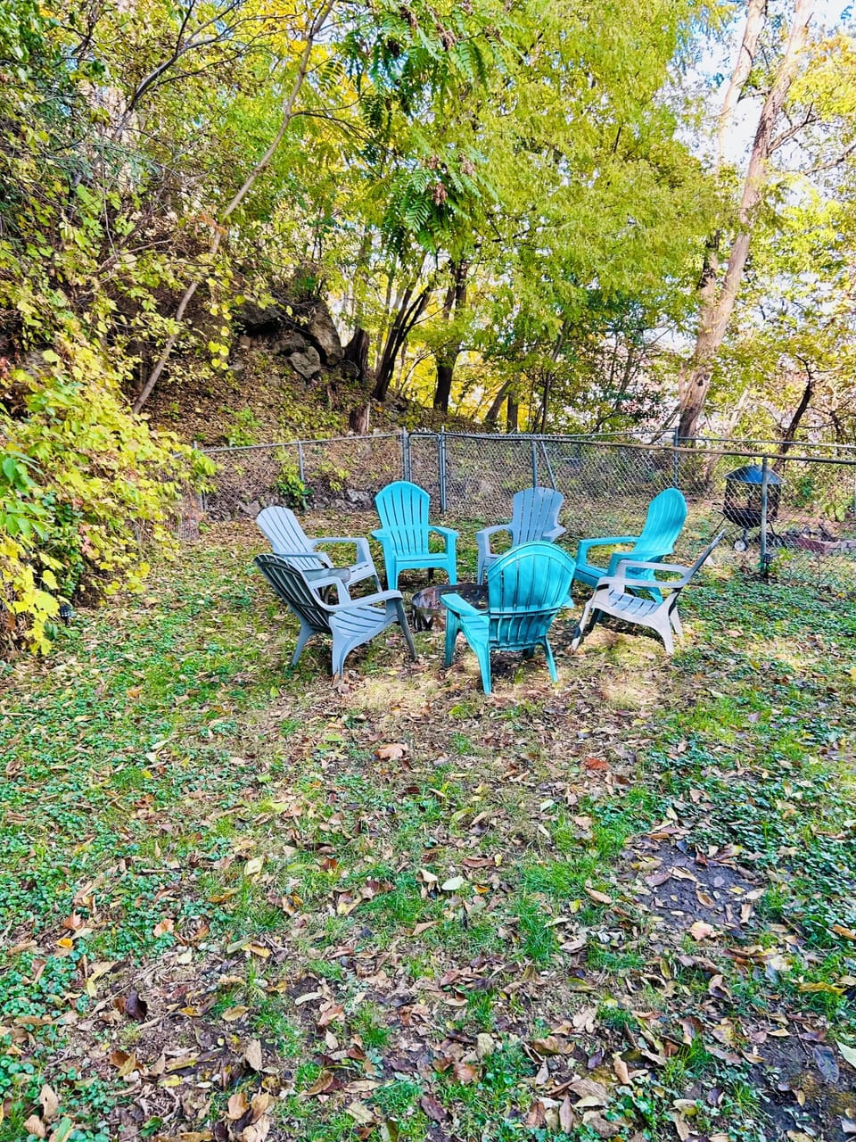 Fenced in yard with firepit
