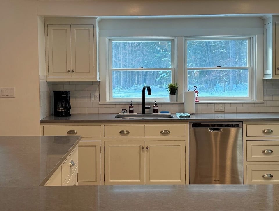 Kitchen prep sink with woodland views