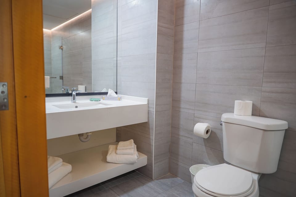 Shower, rainfall showerhead, free toiletries, hair dryer