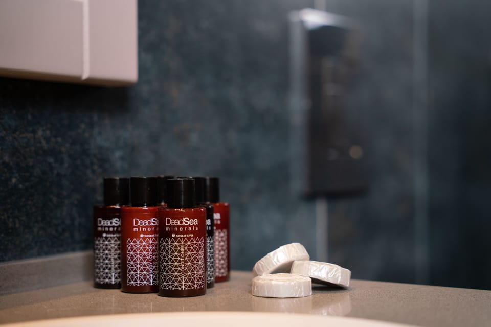 Rainfall showerhead, free toiletries, hair dryer, slippers