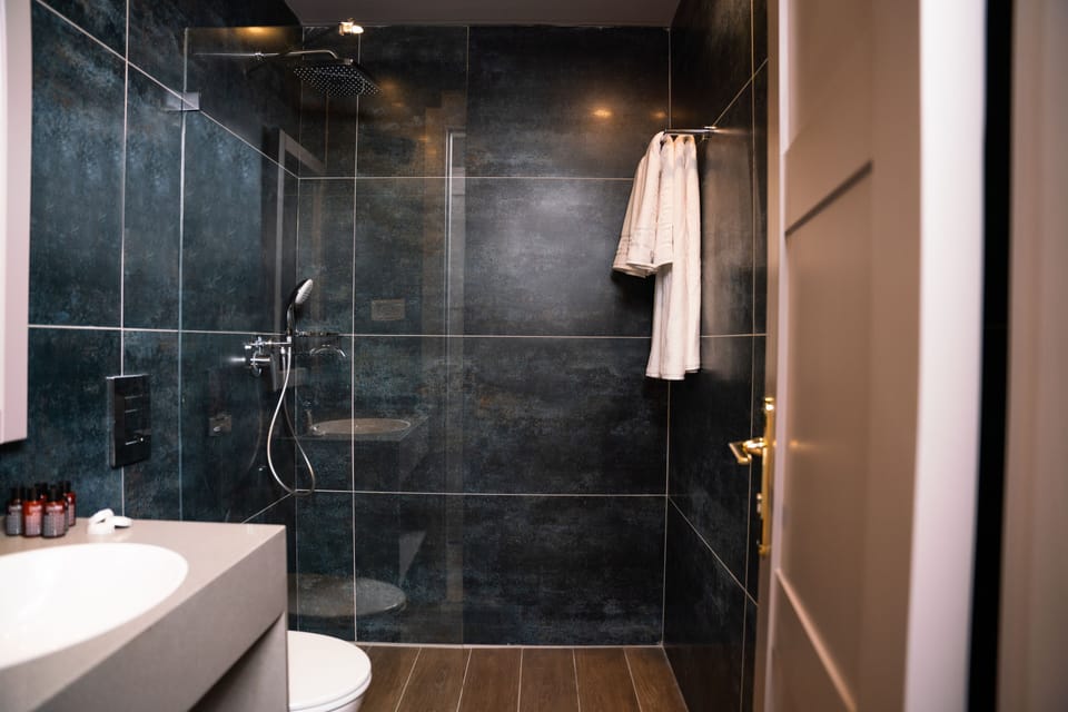 Rainfall showerhead, free toiletries, hair dryer, slippers