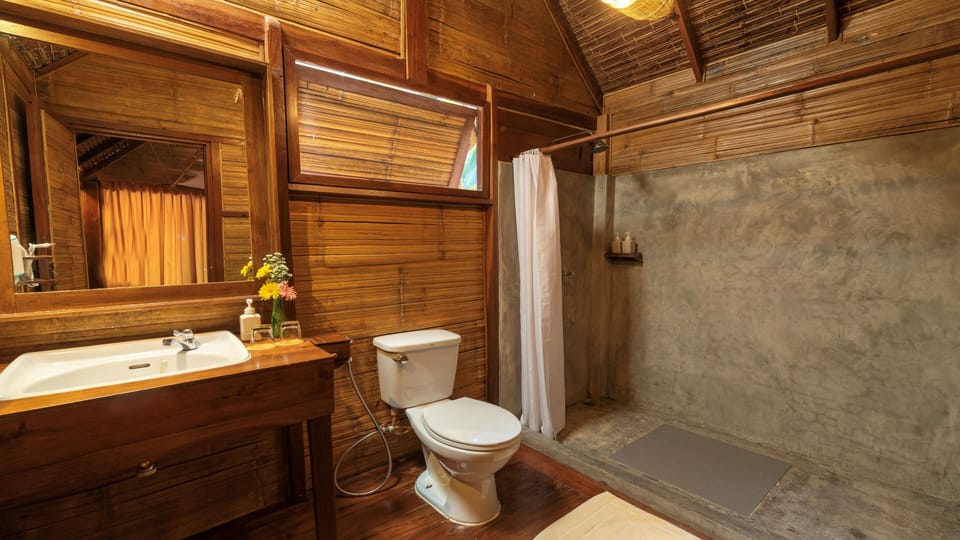 Shower, free toiletries, hair dryer, slippers