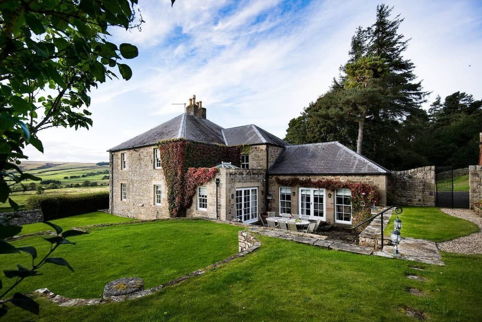 Broadgate House - main house with landscaped garden, outside seating area and views over the Northumbrian countryside