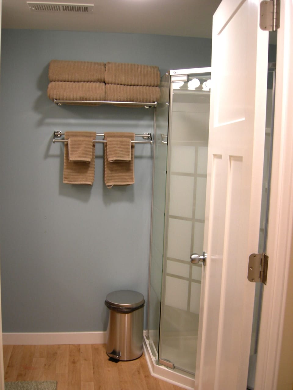 Stylish glass shower. All linens, soap, shampoo, conditioner & lotion provided.