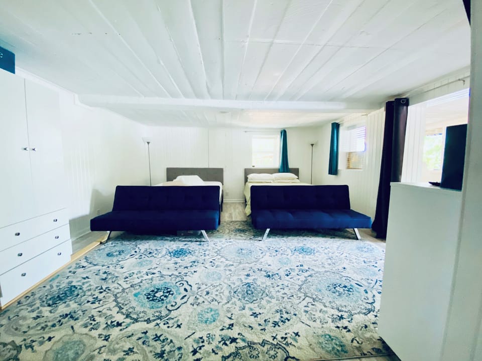 Lower level studio apartment: 2 Queen beds with small futon sofas in front