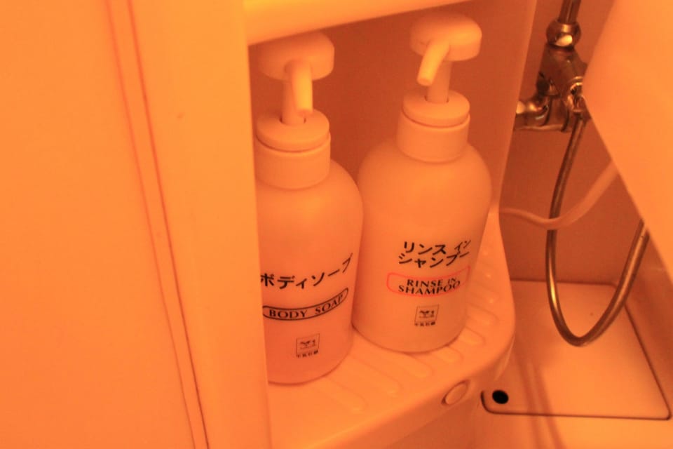 Shower, rainfall showerhead, free toiletries, hair dryer