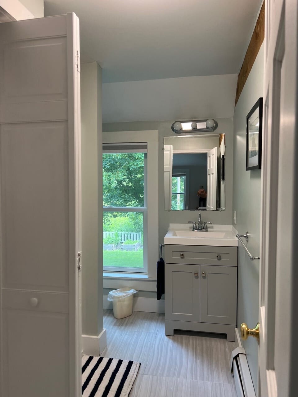 Bathroom with walk in shower. 