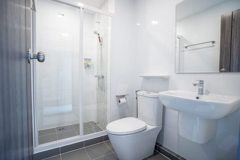 Shower, free toiletries, hair dryer, towels