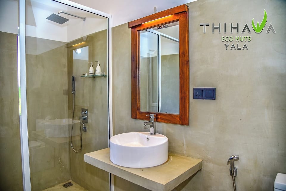 Shower, rainfall showerhead, hair dryer, bathrobes