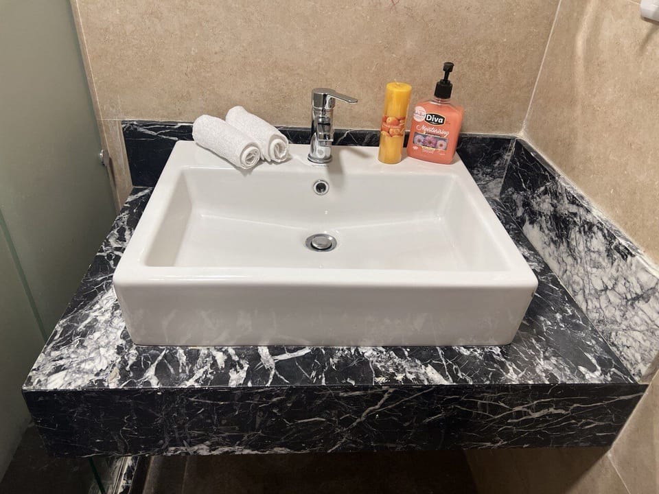 Separate tub and shower, hair dryer, bidet, towels