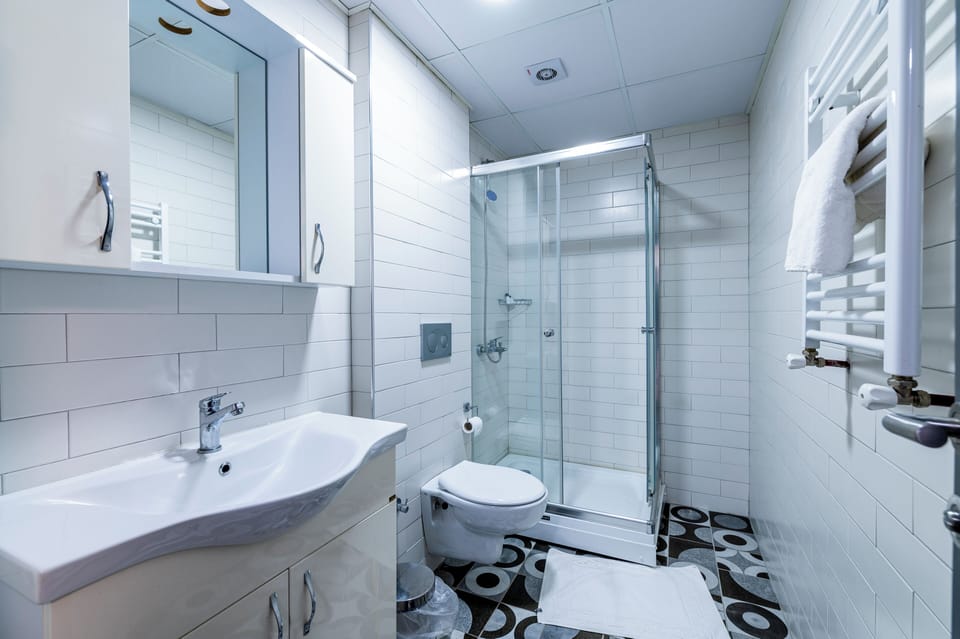 Shower, rainfall showerhead, hair dryer, slippers