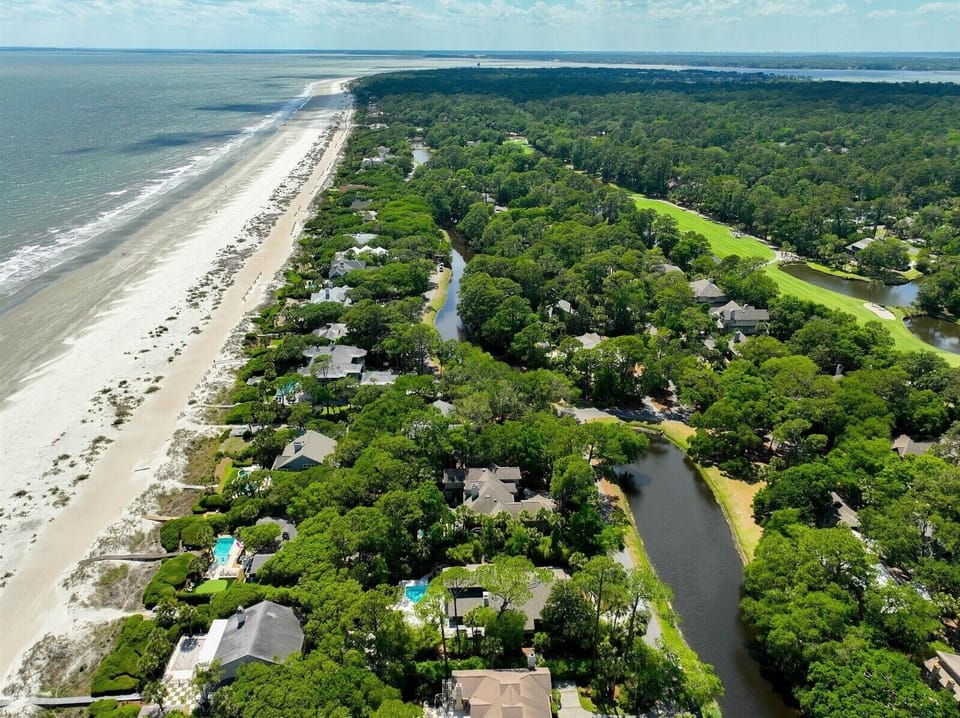 Aerial view—prime Sea Pines beachfront location.