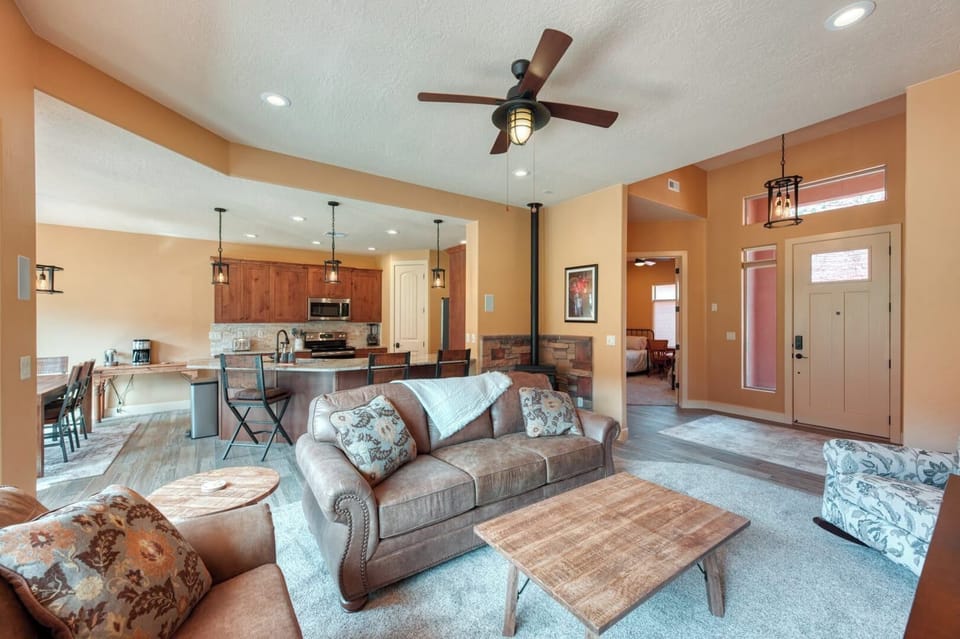 The open-concept living room is perfect for gathering after a day of adventure.