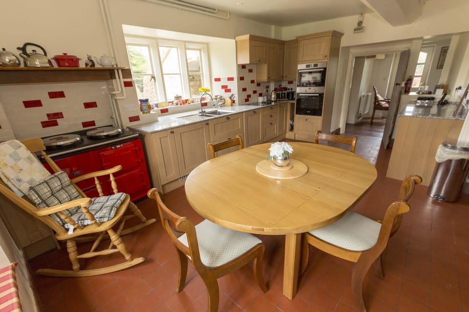 Well equipped kitchen with electric oven hob, Aga, dishwasher and 3 fridges