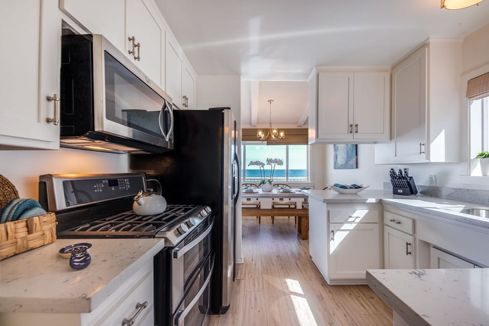 Kitchen with open dining area.