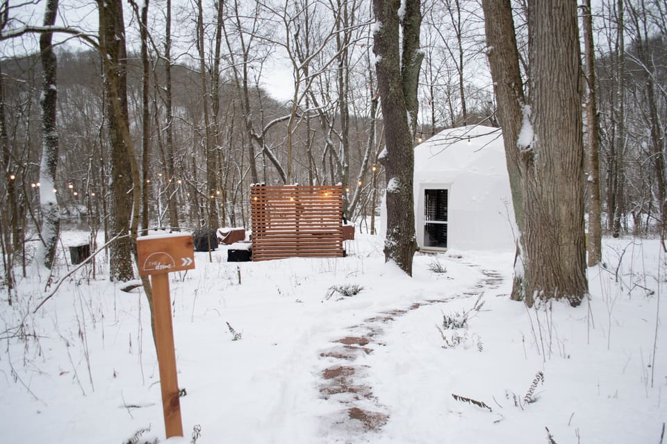 Snowy pathway and dome during the winter months. Make sure to bring your snow boots!