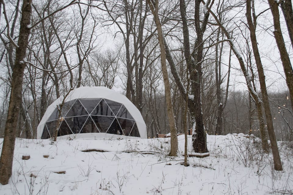 View of the front of the dome during our winter months. Truly a winter wonderland.