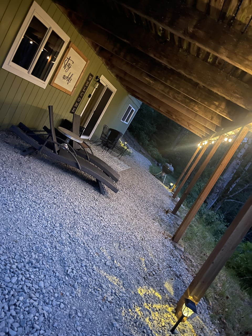 Our door space lit with warm solar lights. 