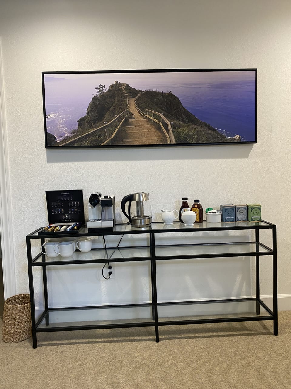 Caffeine choices include Nespresso or tea with cream and sweeteners.