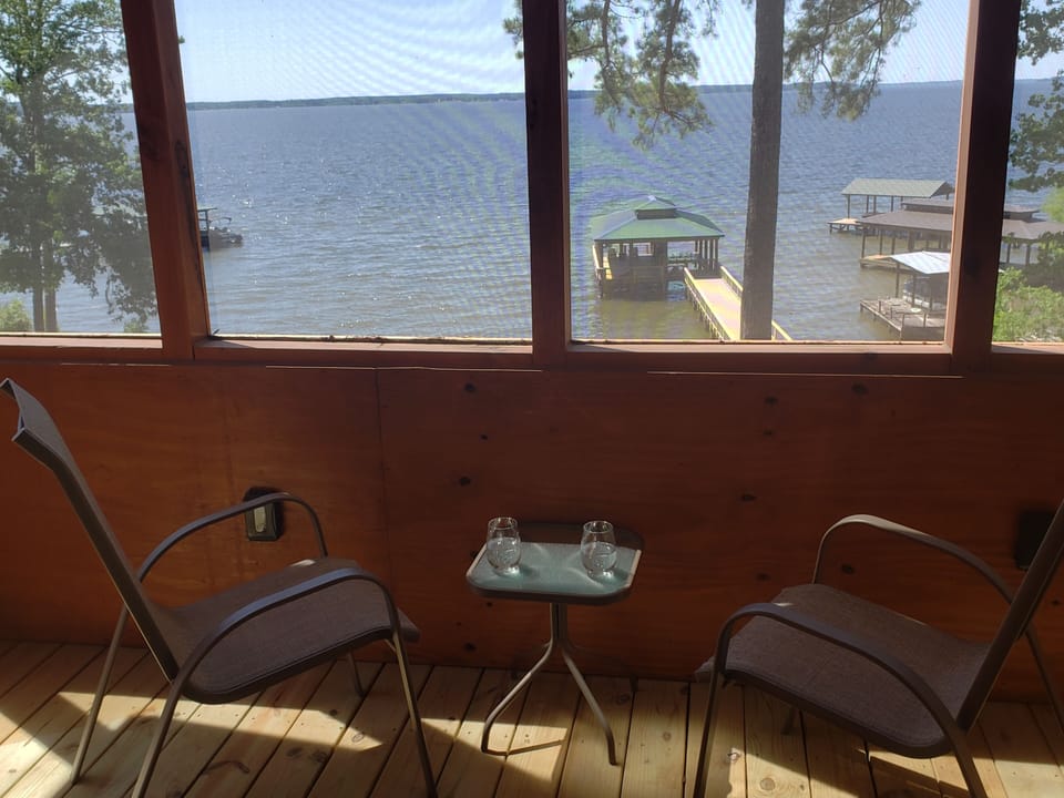 The view from this lakefront cabin is impressive anywhere on the property.