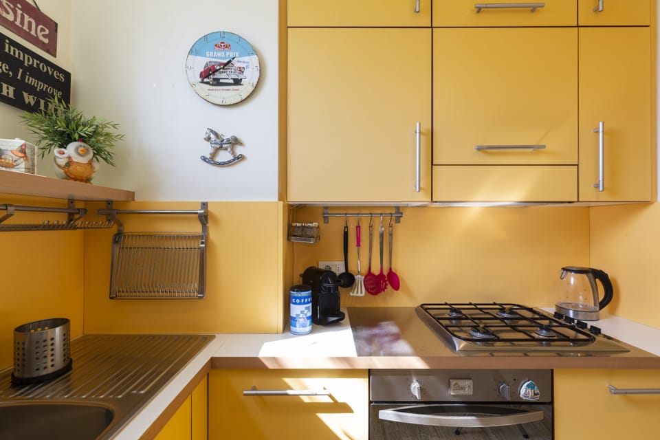 Design Apartment | Private kitchen | Full-size fridge, microwave, oven, stovetop