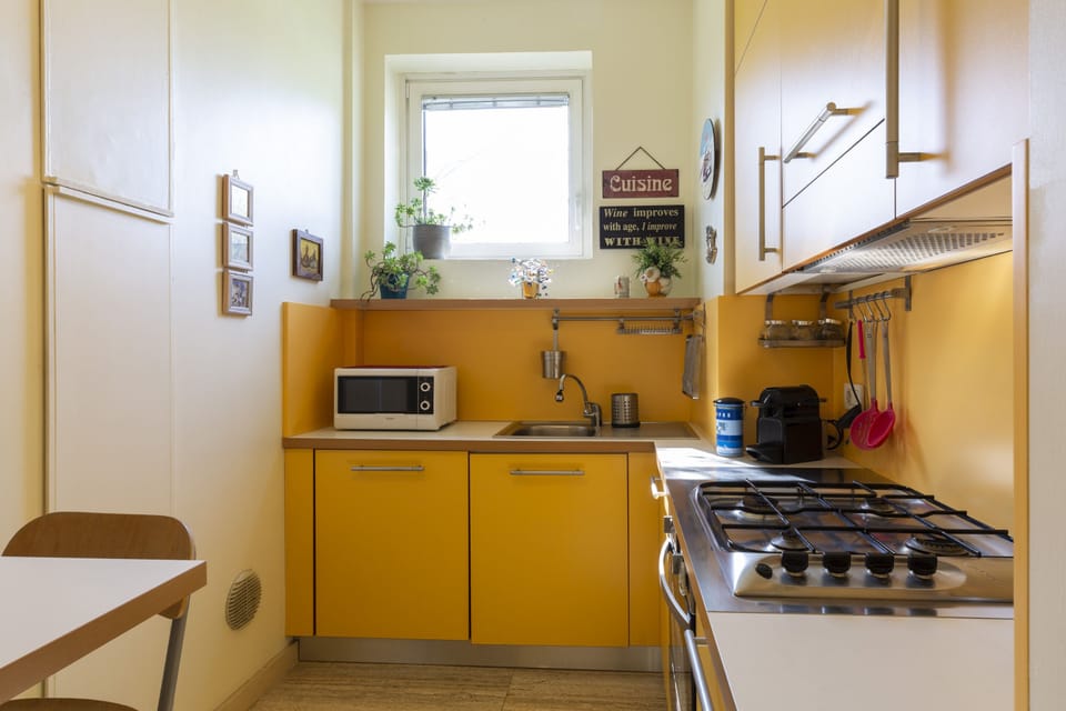 Design Apartment | Private kitchen | Full-size fridge, microwave, oven, stovetop