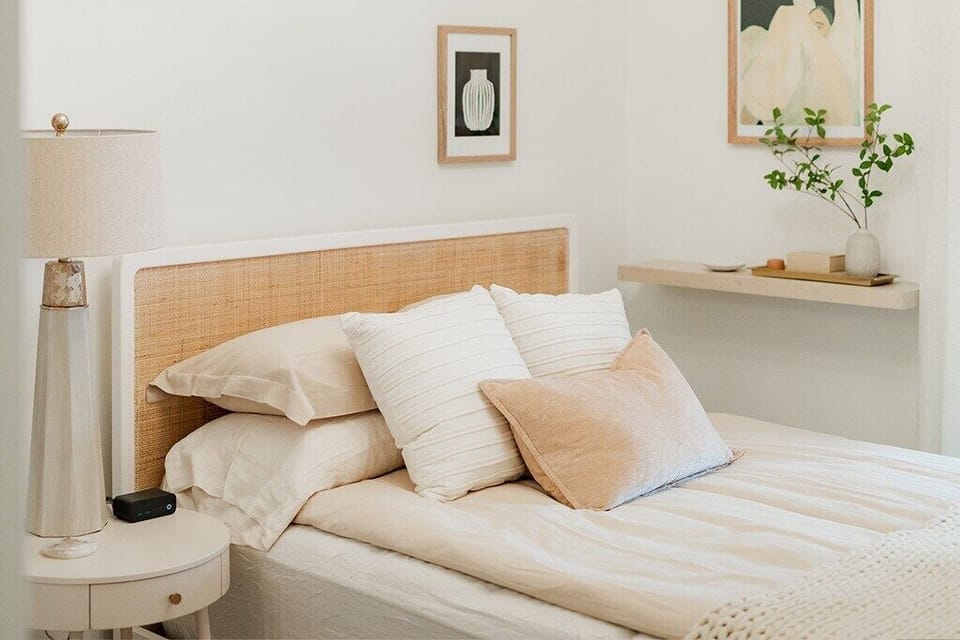 This Scandinavian influenced queen bedroom provides a restful place to land after exploring Lake Geneva. 