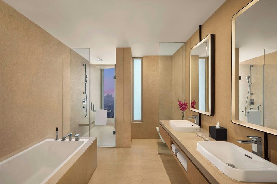 Rainfall showerhead, free toiletries, hair dryer, bathrobes