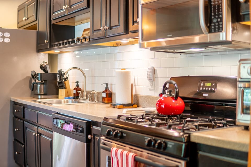 Our kitchen is fully equipped with the cooking appliances, tools and utensils you'll need to prepare at-home meals!
