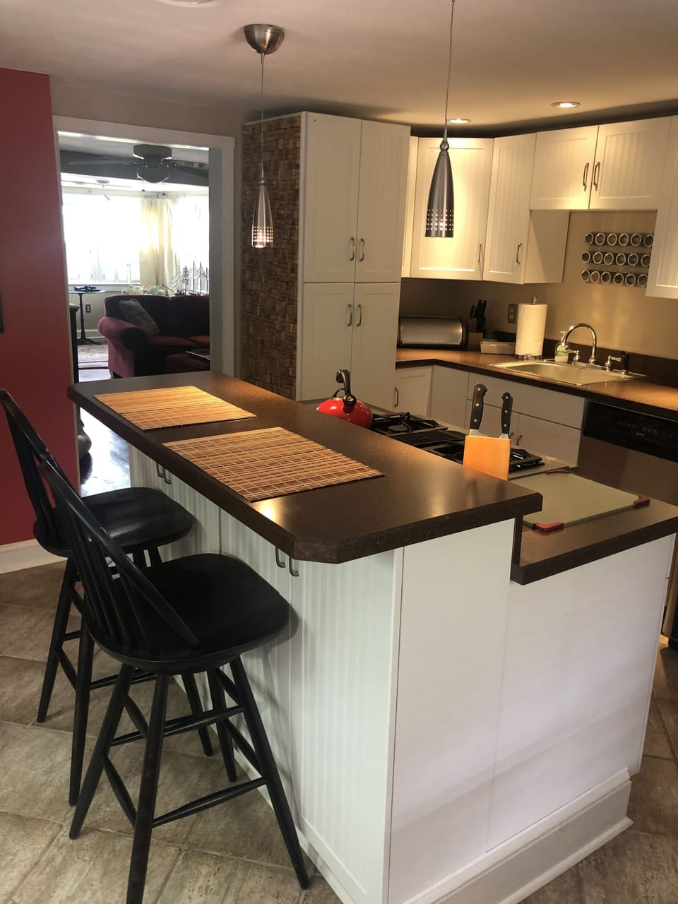 Kitchen island with gas stove. 