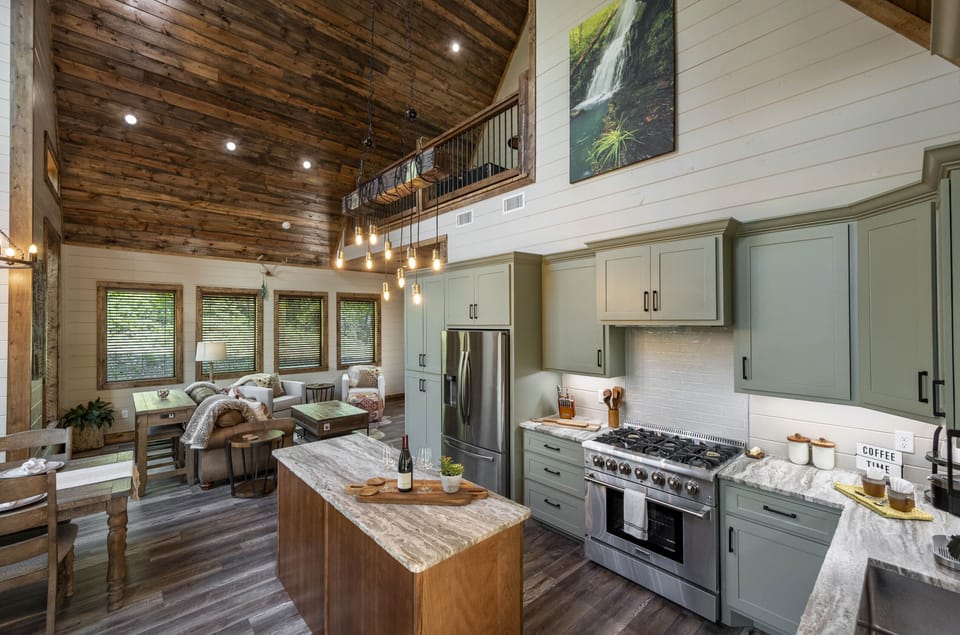The view from the front door, into the cabin's kitchen!
