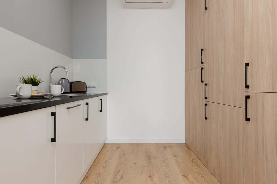 Kitchenette with electric cooktop, electric kettle, microwave, dishwasher, refrigerator with freezer, toaster and washing machine.