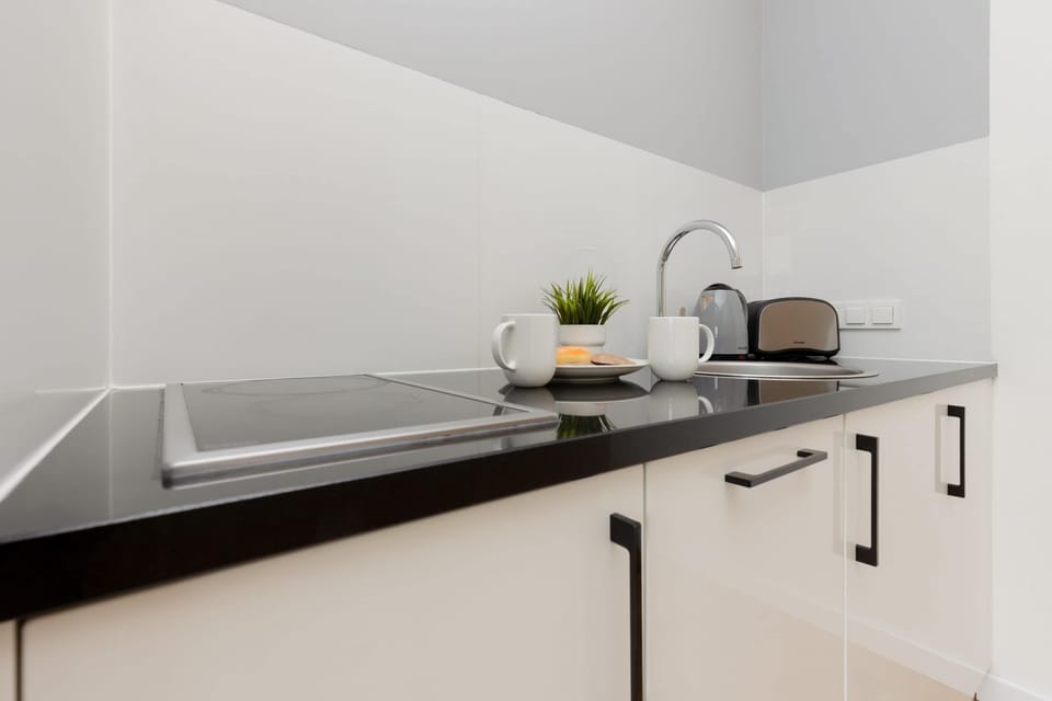 Fully equipped kitchenette with electric cooktop, electric kettle, microwave, dishwasher, refrigerator with freezer, toaster and washing machine.
